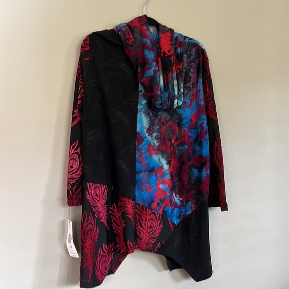 Calessa Patchwork Tie Dye Burnout Knit Cowl Neck 3/4 Sleeve Asymmetrical Tunic. - Picture 6 of 12